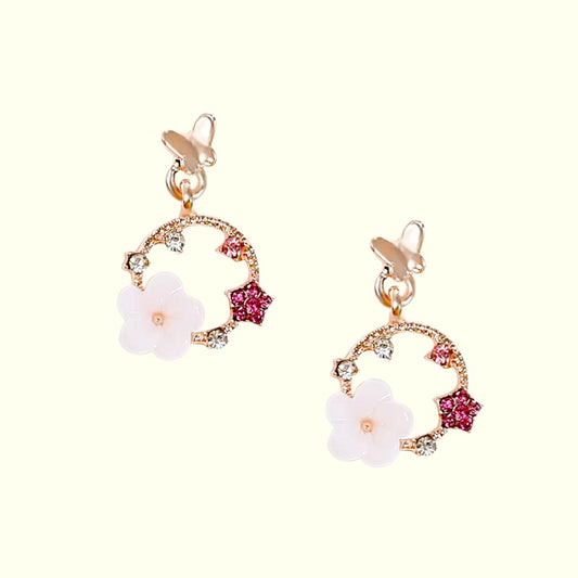 Pair of floral earrings with pink and white flowers on a white background