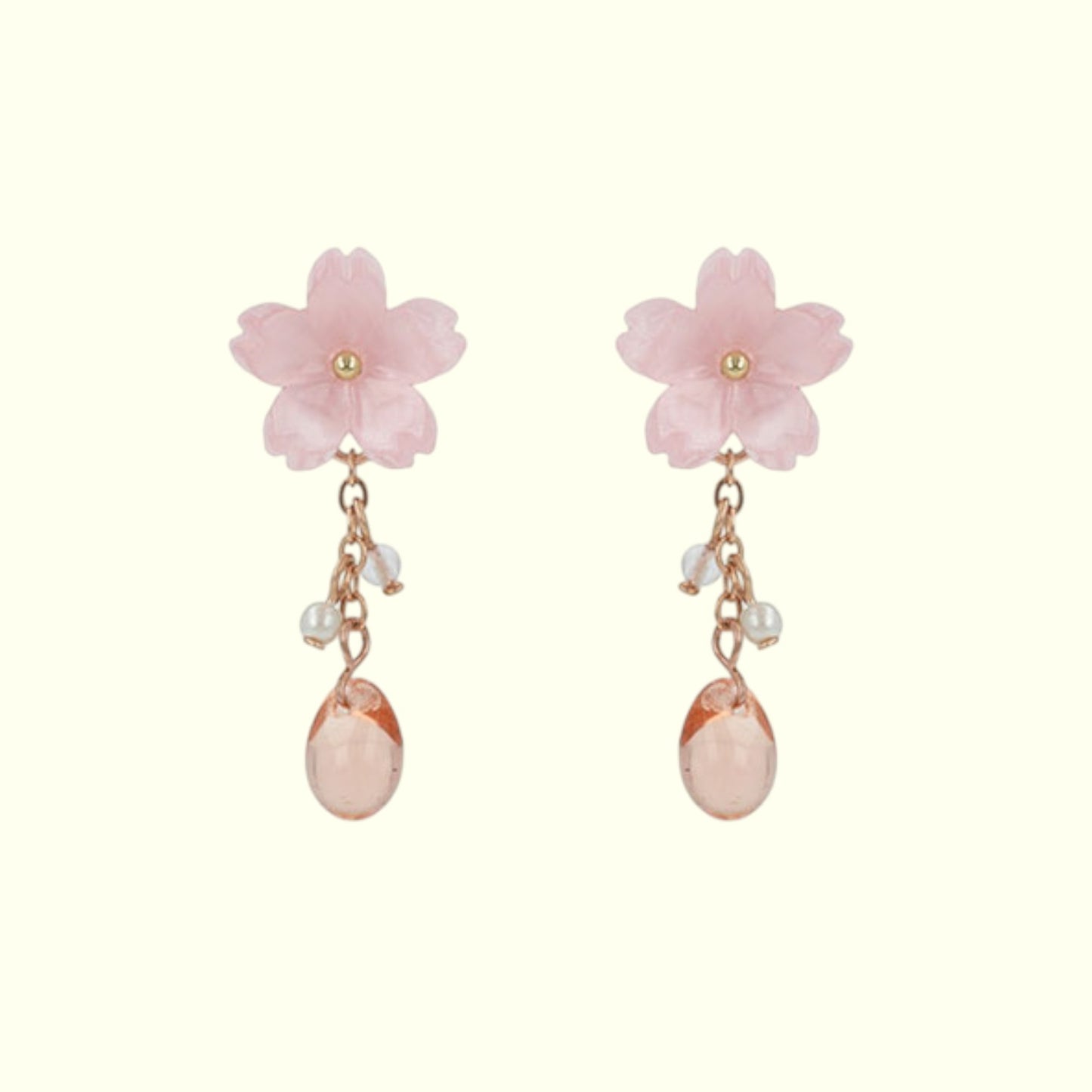 Pair of pink flower earrings with pearl-like beads on a white background