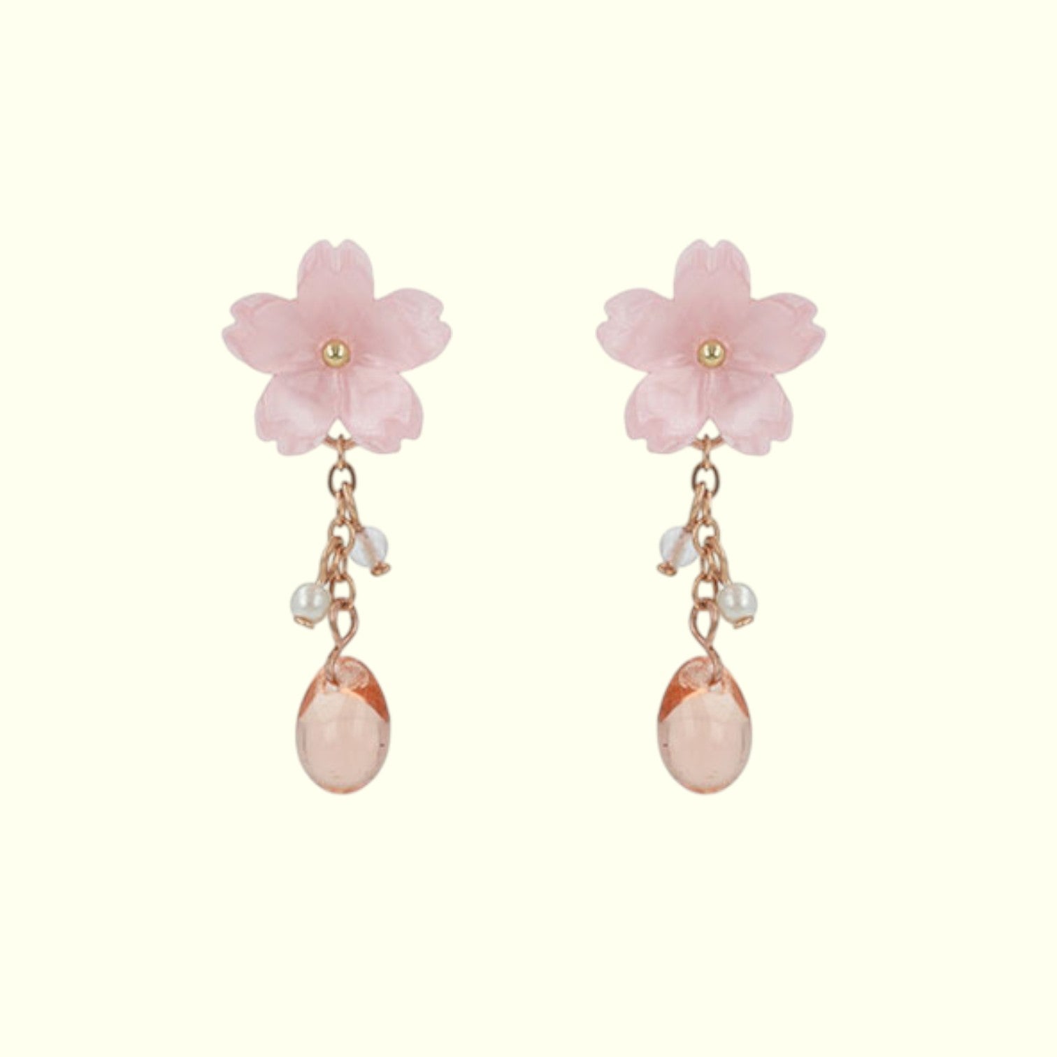 Pair of pink flower earrings with pearl-like beads on a white background
