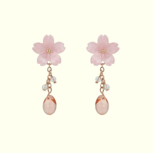 Pair of pink flower earrings with pearl-like beads on a white background