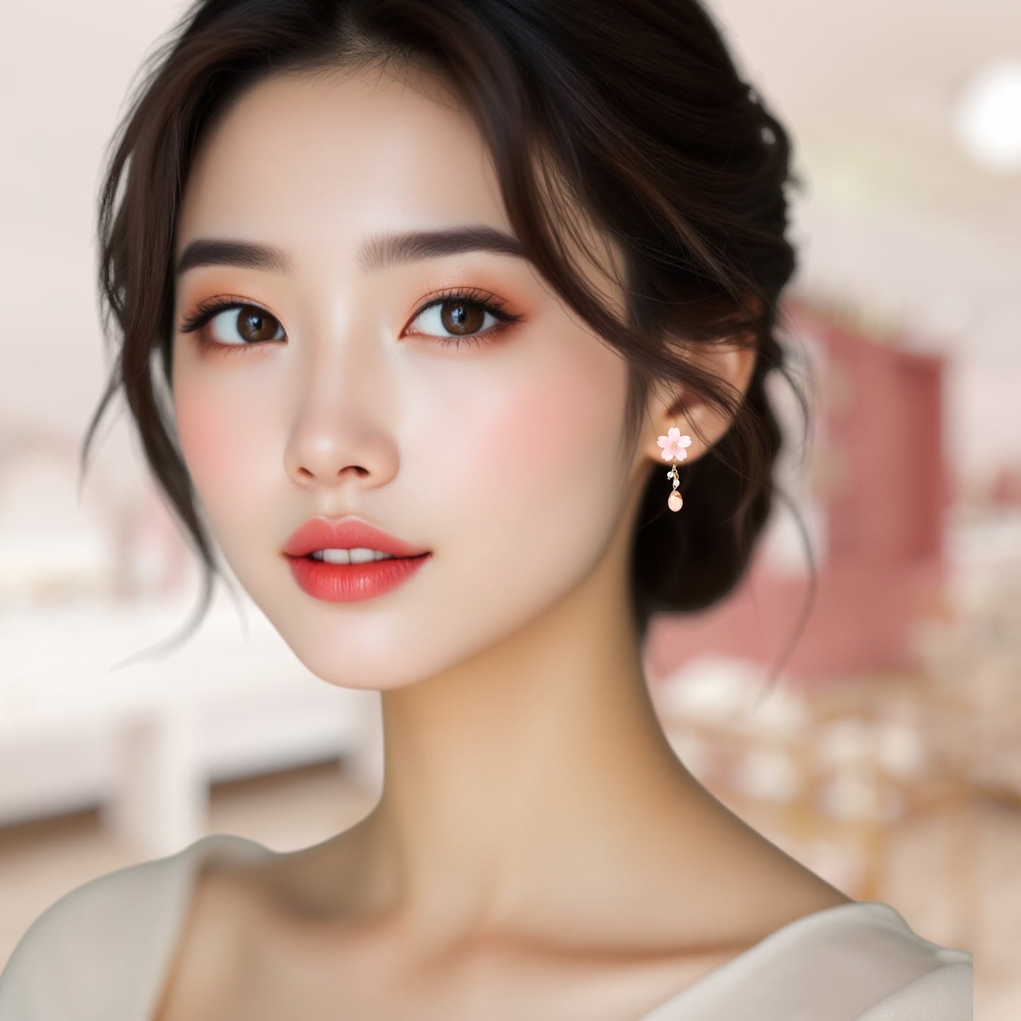 Close-up of a woman wearing earrings with a blurred background