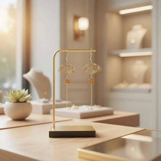 Gold earrings on a stand with a blurred background