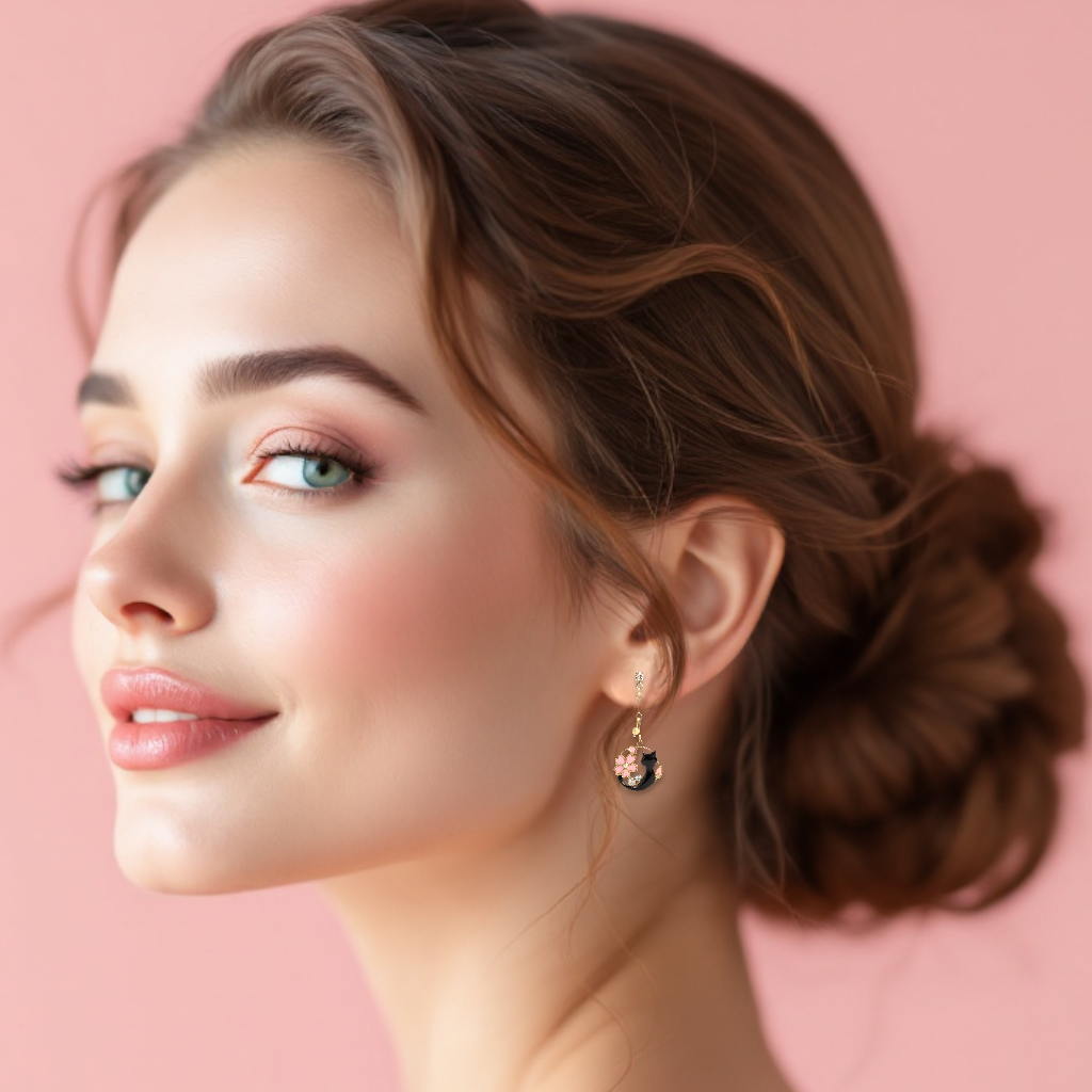 Woman with styled hair and earrings against a pink background