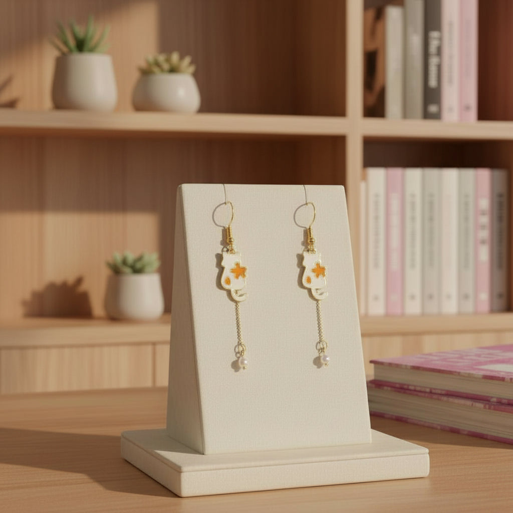 Pair of earrings on a display card with a wooden shelf and books in the background
