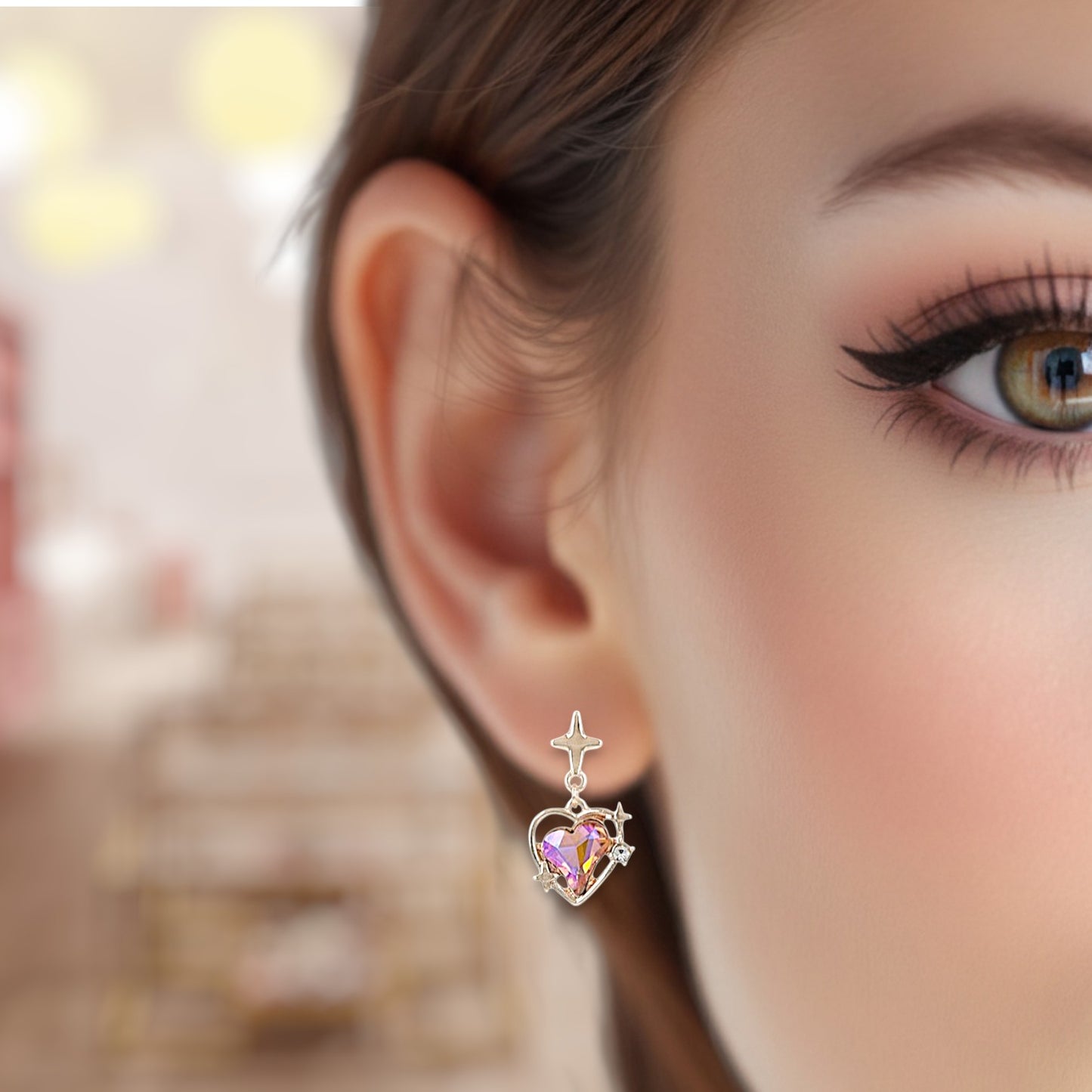 Close-up of a woman wearing a heart-shaped earring with a purple gemstone.