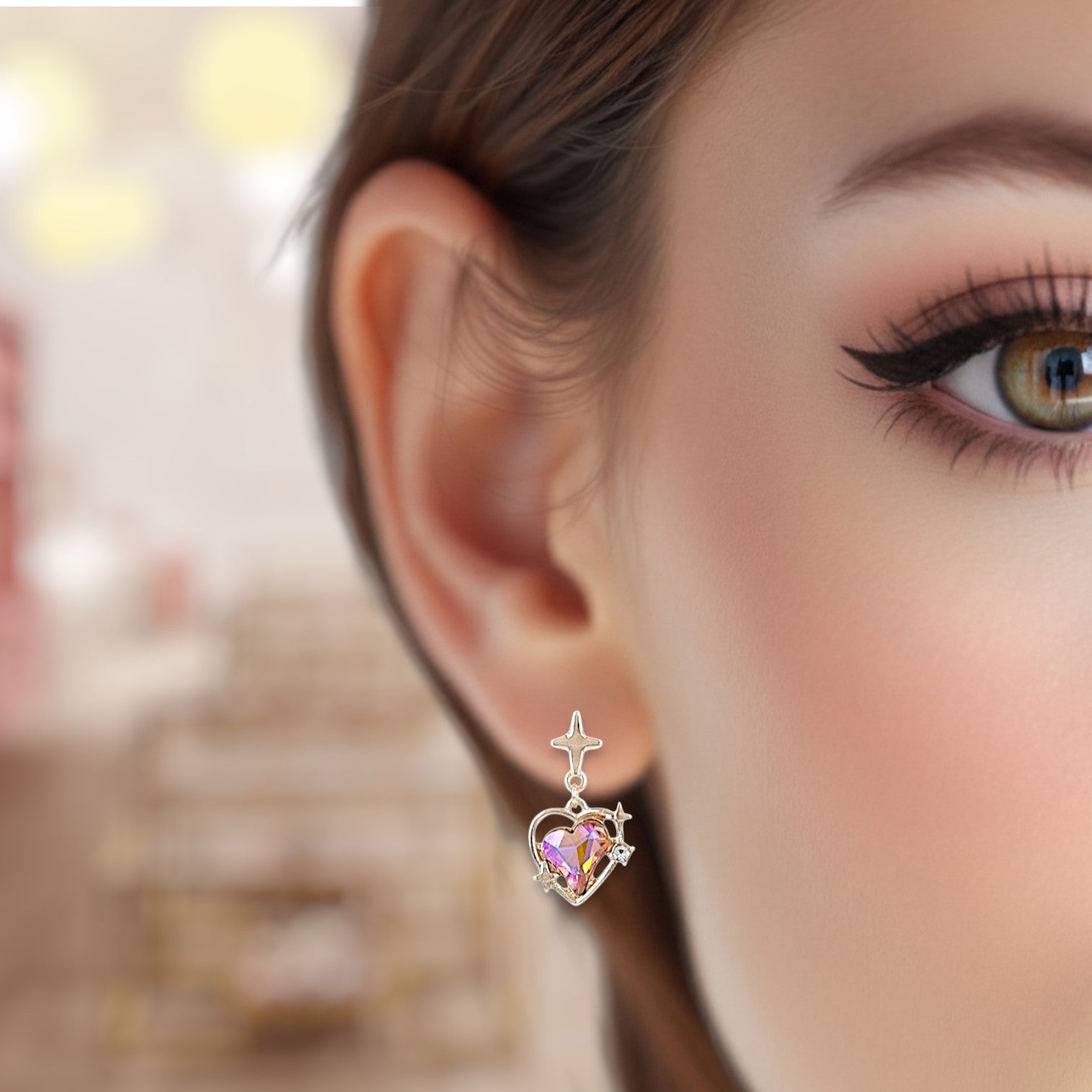 Close-up of a woman wearing a heart-shaped earring with a purple gemstone.