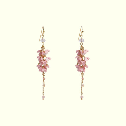 Pair of pink floral earrings on a white background