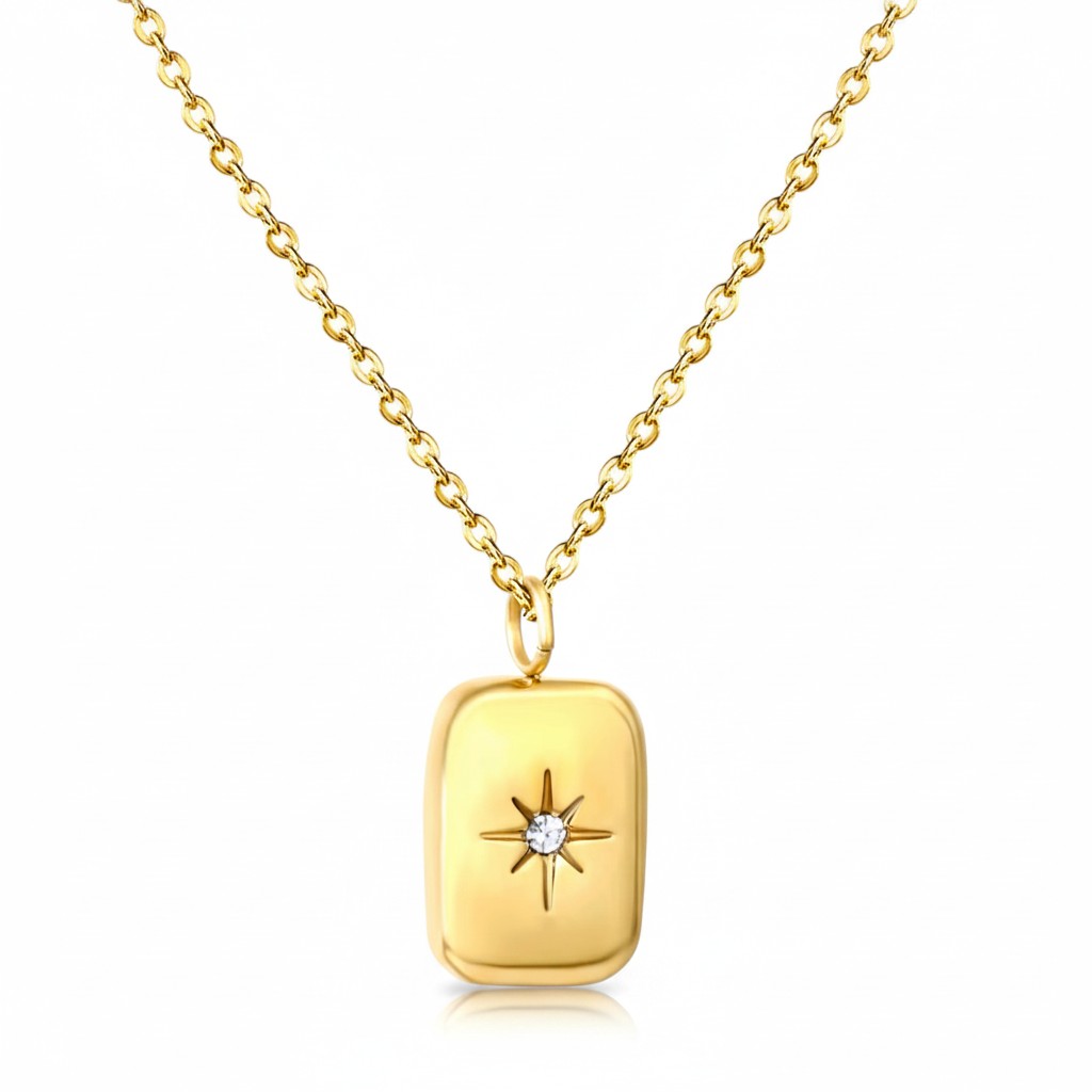 Gold stainless steel rectangular pendant necklace with sparkling North Star detail.
