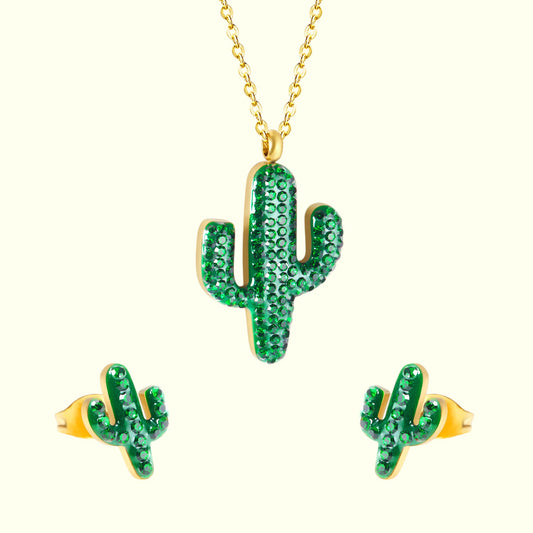 Sunkissed Cactus Necklace and Earrings Set Gold 1