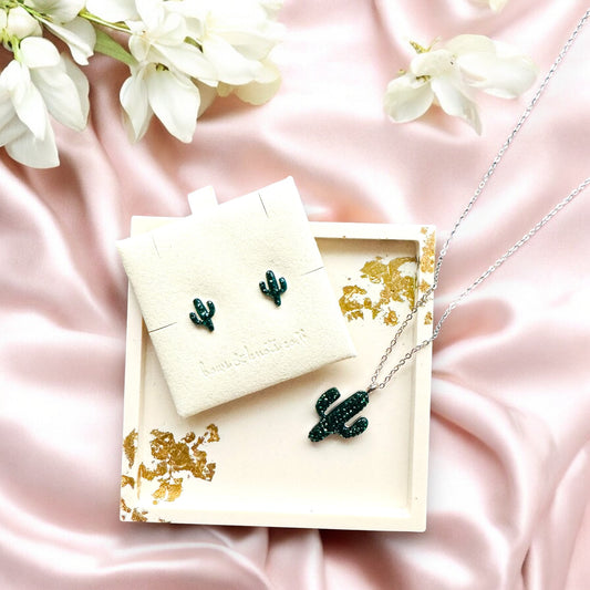 Sunkissed Cactus Necklace and Earrings Set Silver 1