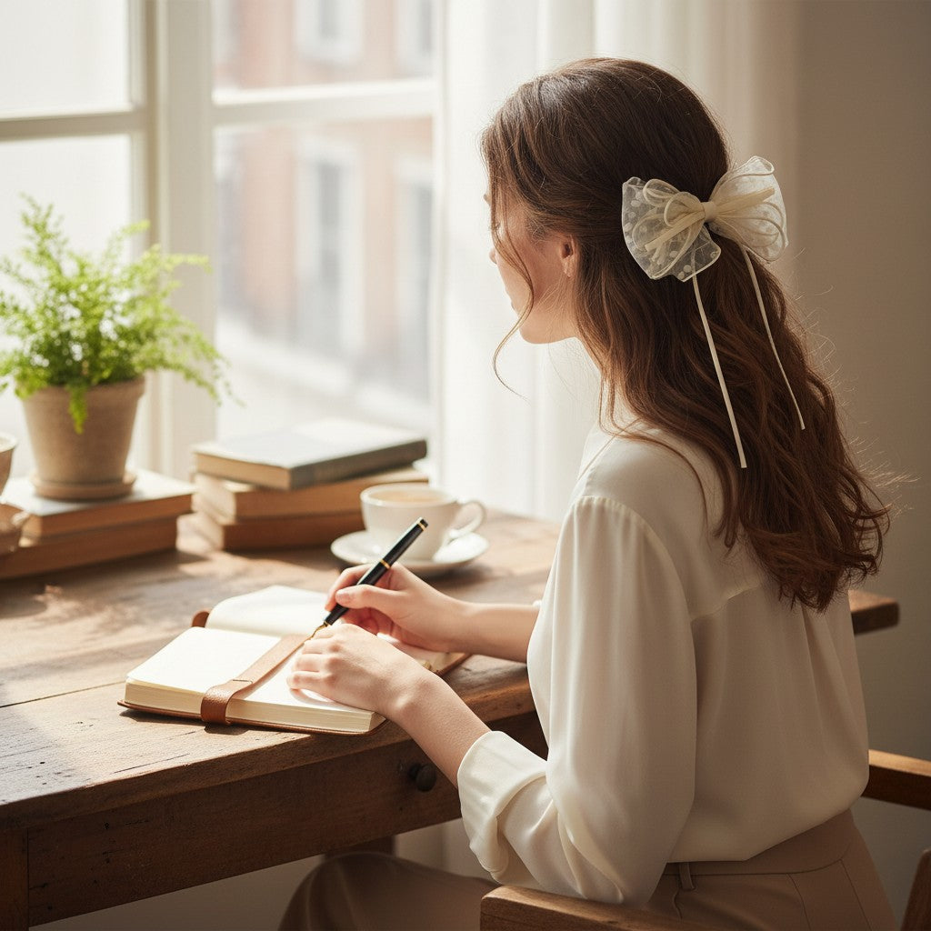 Woman sitting at a wooden table with a notebook and pen, wearing a white blouse and a large hair bow.