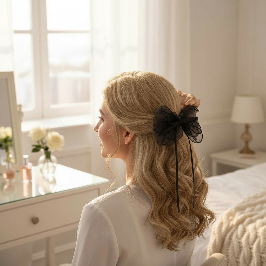 Woman with styled hair in a room with a dresser and lamp.
