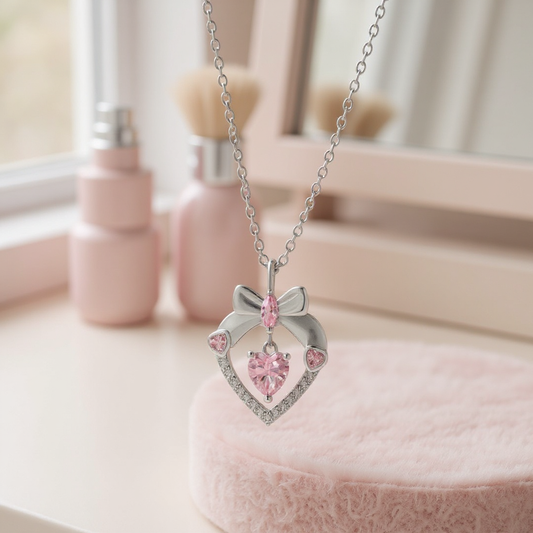 Necklace with a heart-shaped pink gemstone pendant on a soft pink surface.