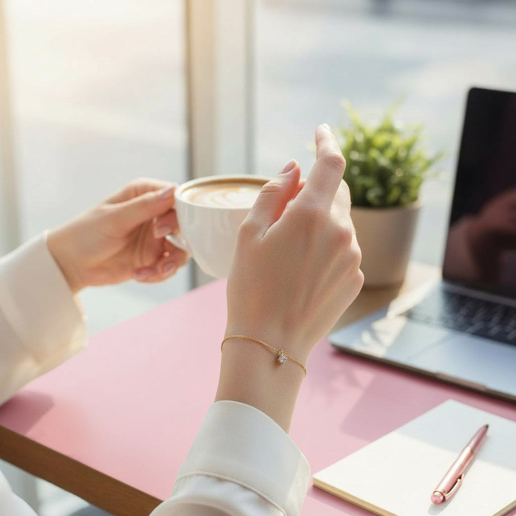 Person holding a cup of coffee with a laptop and notebook on a pink surface, wearing Bows and Knots Co. bracelet