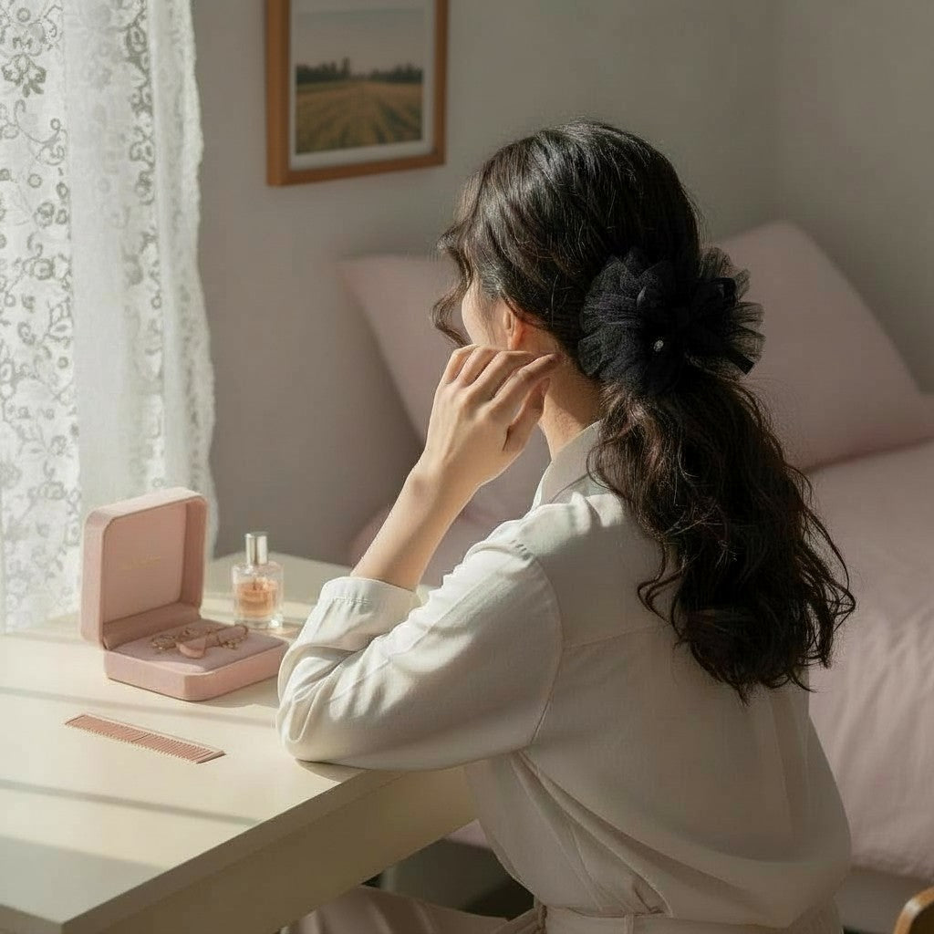 Woman sitting at a table with a jewelry box and perfume bottle, wearing a white shirt.