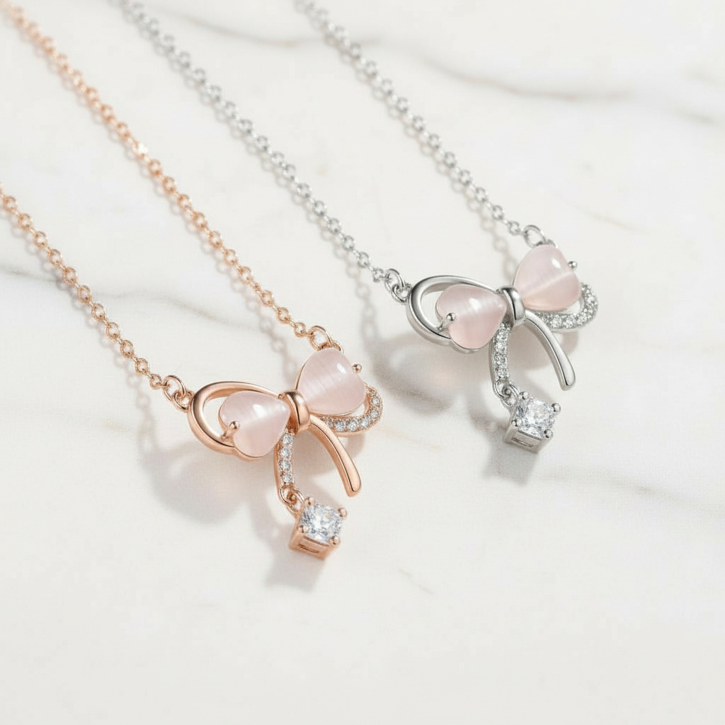 Two bow-shaped necklaces with pink stones on a light background