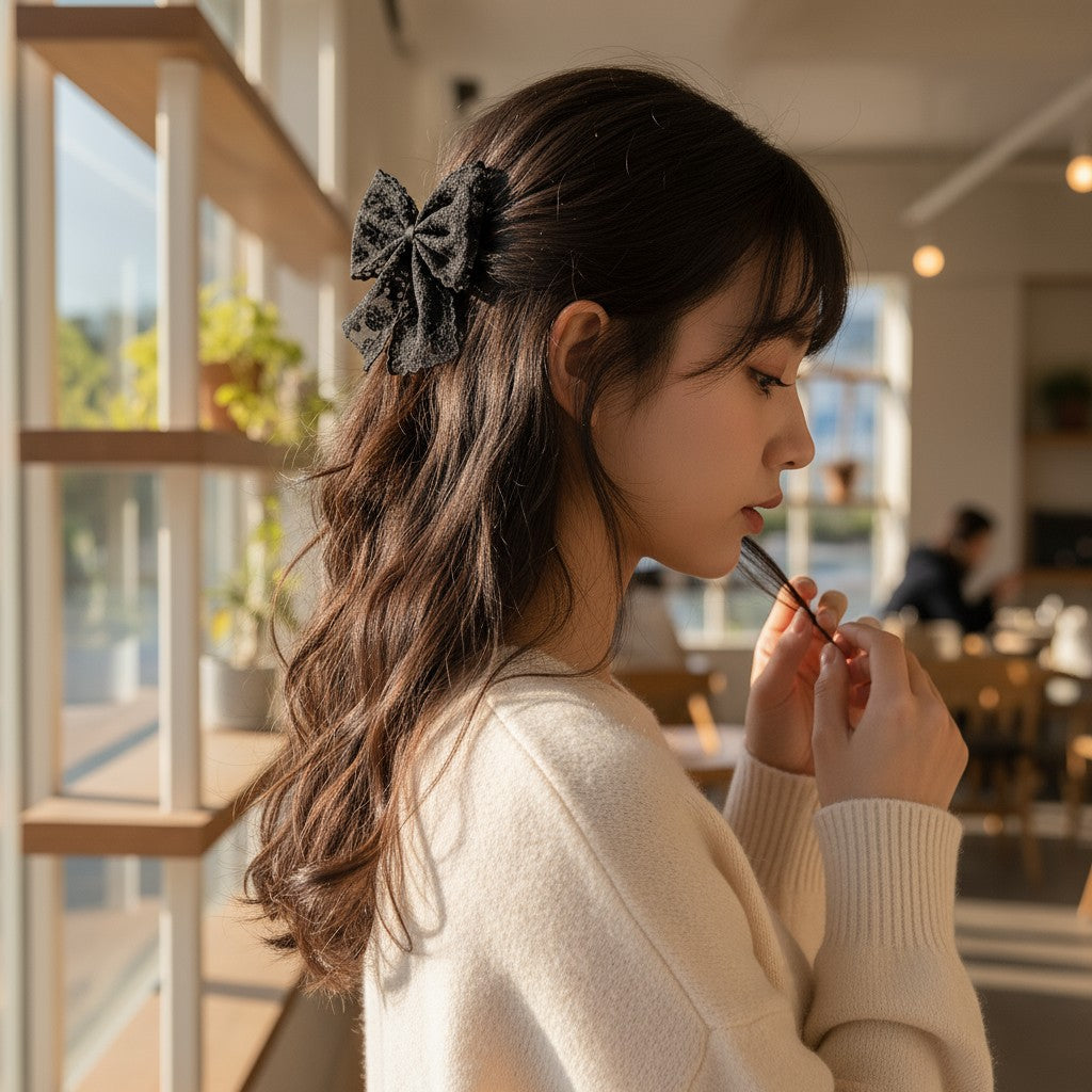Woman with a decorative hair bow drinking from a straw in a casual setting