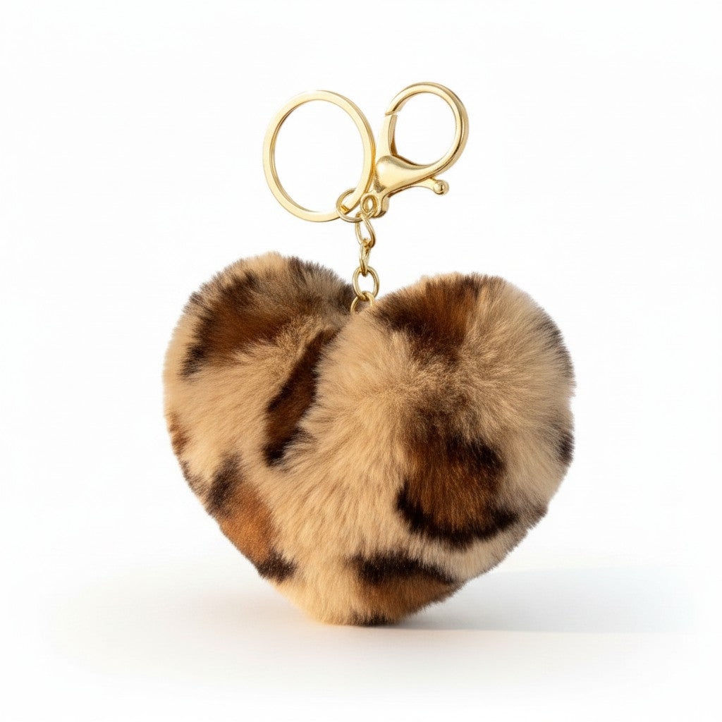 A heart-shaped faux fur keychain with a leopard print pattern in brown, beige, and black, attached to a gold-tone metal clasp on a white background.